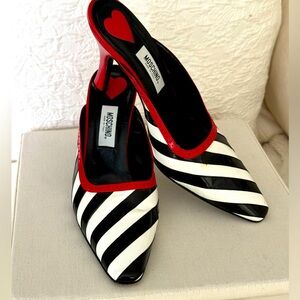 Moschino Mule Heels - Black&White striped leather closed toe w/red trim & heel!
